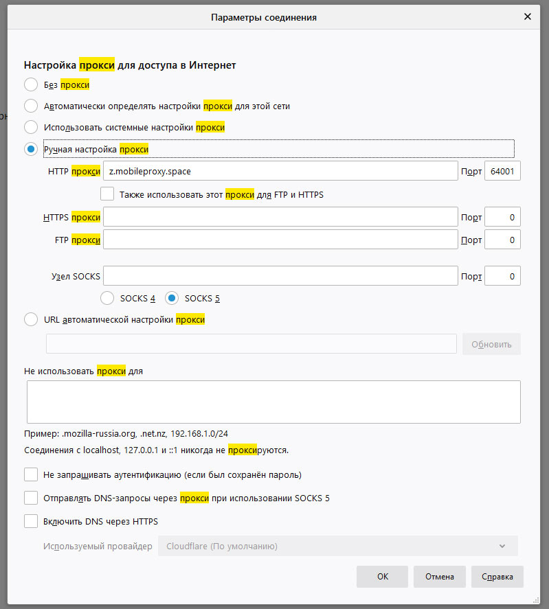 Firefox manual proxy setting