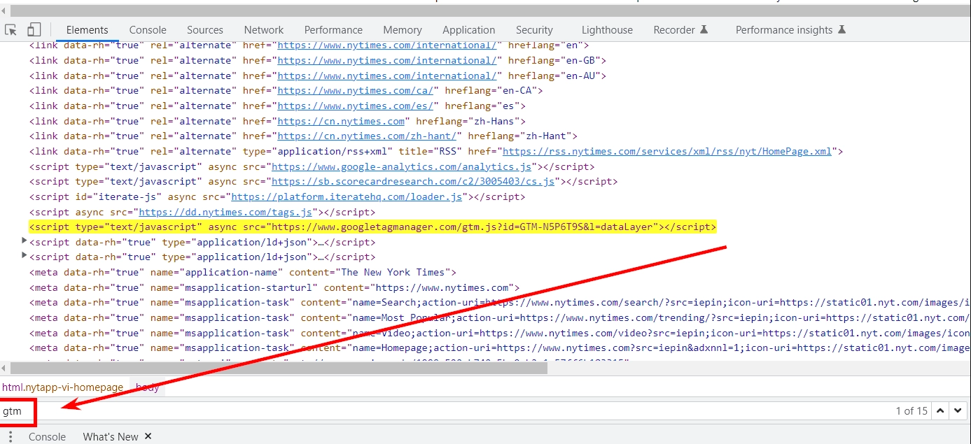 Google Tag Manager проверяем во вкладке Elements в Chrome