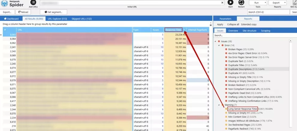 Determining the TTFB indicator via Netpeak Spider