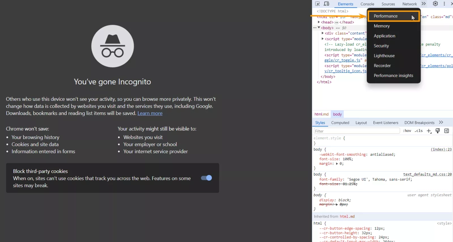 Проверка INP через CrUX: Переходим в меню «Perfomance»