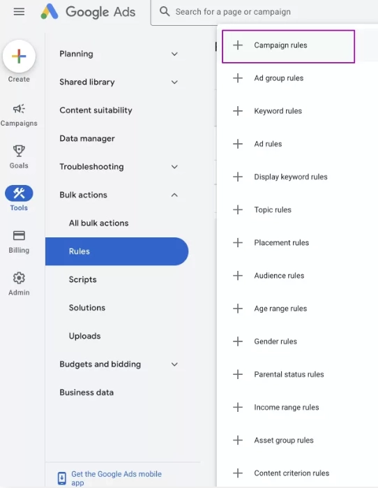 Google Ads: select the category of the automatic rule