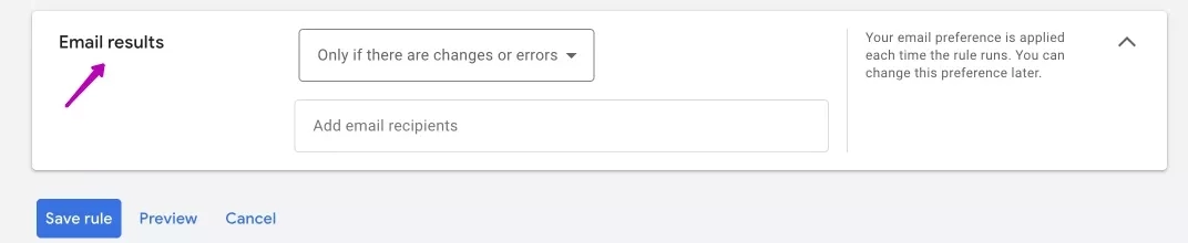 Google Ads: setting conditions for an automatic rule
