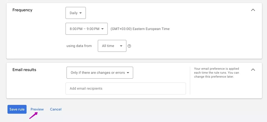 Google Ads: checking the correctness of the automatic rule