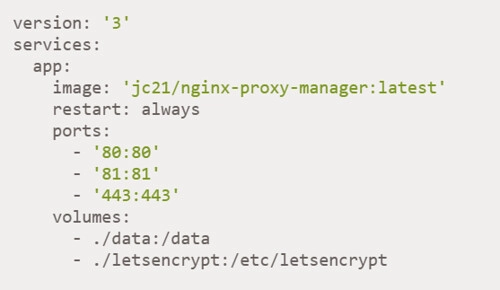 Installing Nginx Proxy Manager: contents of the docker-compose.yml file