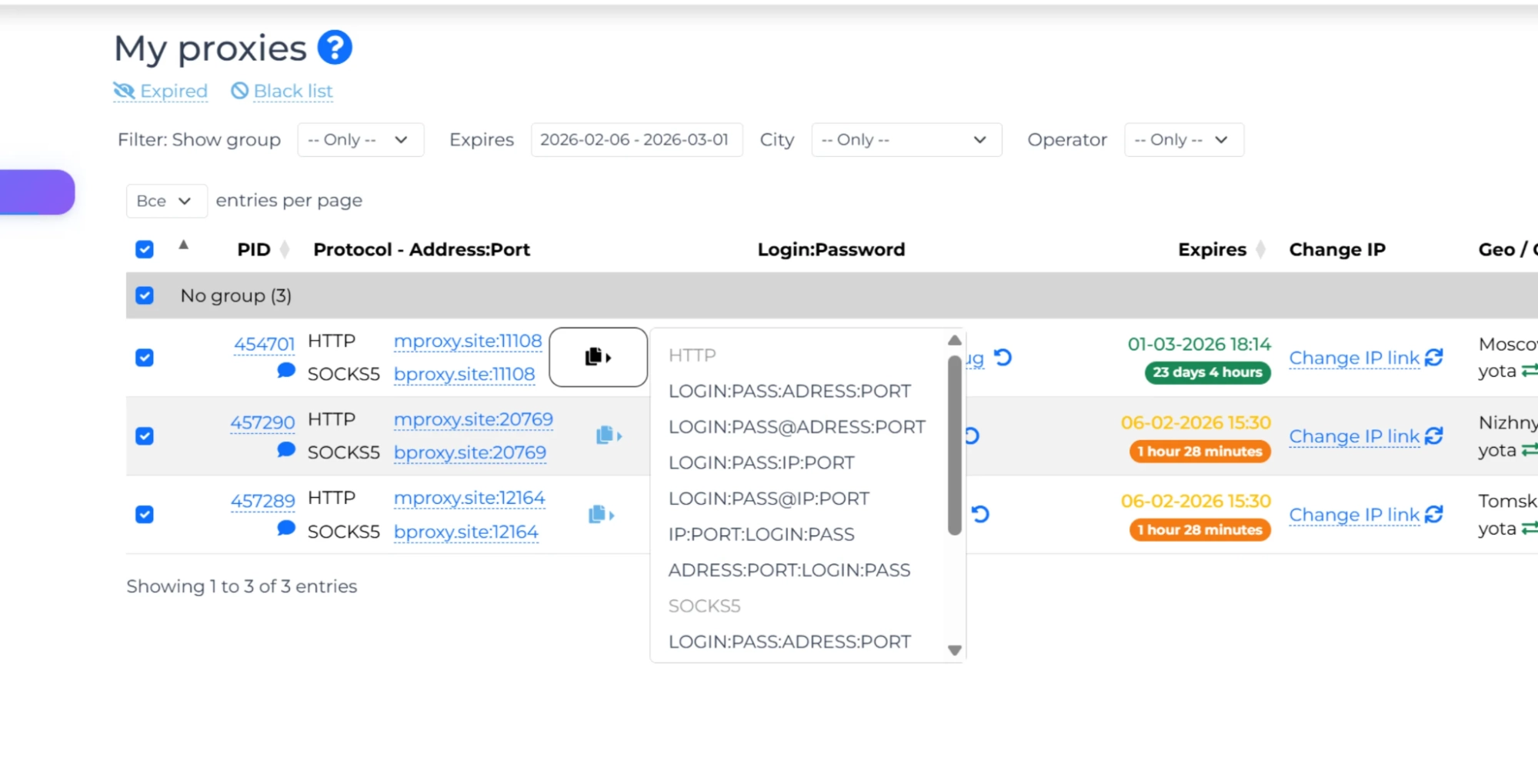 Данные подключения прокси в личном кабинете MobileProxy.Space